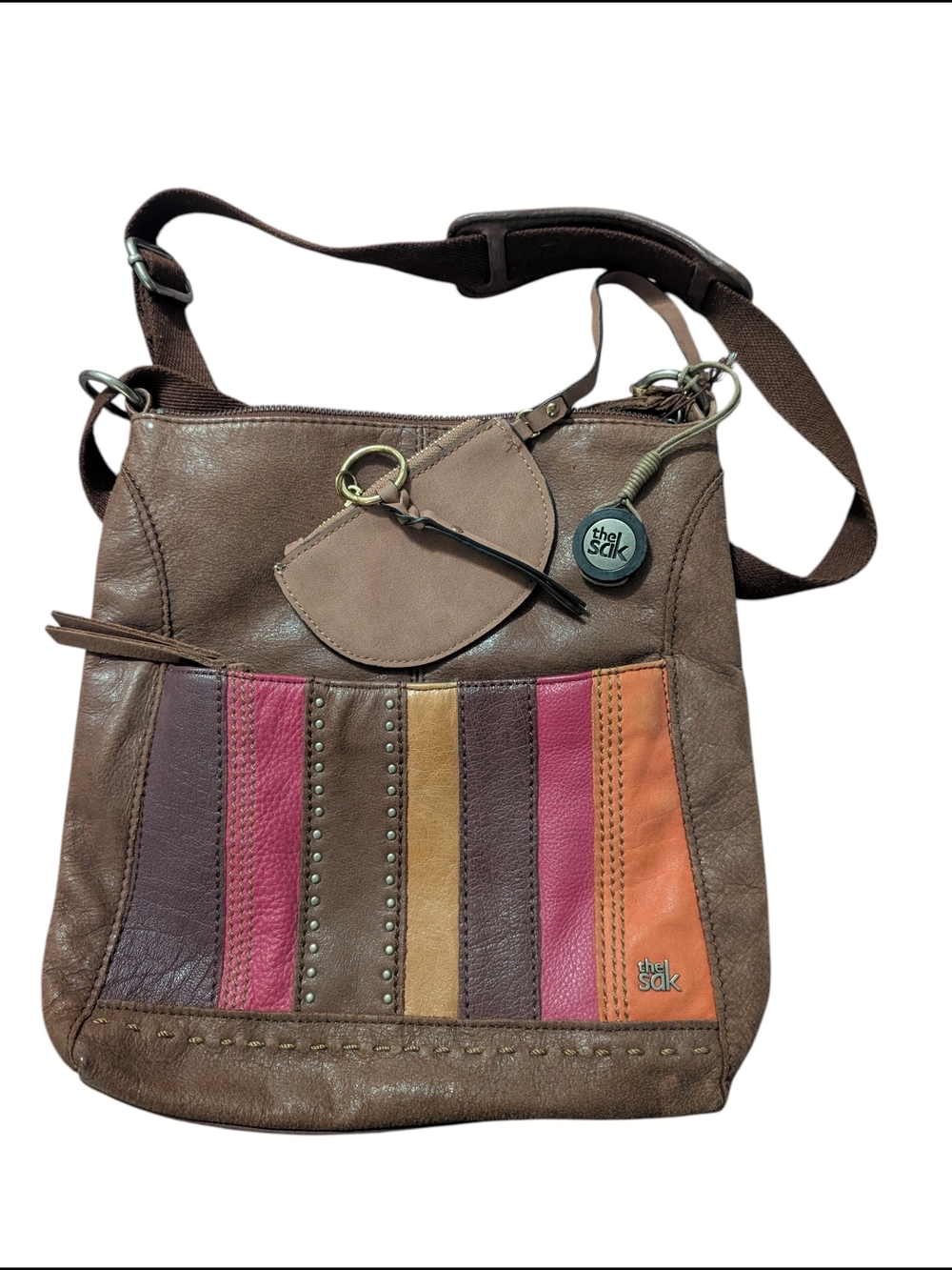 The Sak Brown Leather Crossbody with Multicolor Stripe Panels
